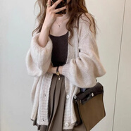 伊琦蕾（YIQILEI）2025針織開(kāi)衫女春秋薄款泡泡袖軟糯毛衣外套中長(cháng)款上衣寬松慵懶風(fēng) 杏色單件開(kāi)衫【高品質(zhì)】 M 90-105斤