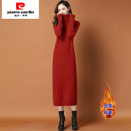 皮爾卡丹（pierre cardin）加厚加絨中長款過膝毛衣連衣裙女秋冬新款內搭針織裙子打底衫外穿 紅色 加厚加絨 L 建議110-120斤