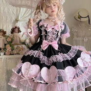 歐維沃昭和十字戀人Lolita洛麗塔洋裝蛋糕裙短袖日系甜美公主成人禮 黑粉色洋裝(有愛(ài)心版) M