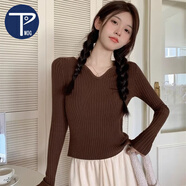 PMOG加絨保暖低領(lǐng)針織打底衫女秋冬洋氣內(nèi)搭修身短款v領(lǐng)白色加厚毛衣 咖啡[不加絨] S[建議80-90斤]