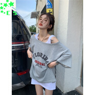 CS.LIONt恤女大版露肩寬松韓版中長(cháng)款2025年夏季新款慵懶風(fēng)短袖上衣ins潮 灰T恤 L 106-120斤
