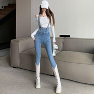 馨悠潔淺色超高腰小腳加厚牛仔布褲女秋冬彈力提臀鉛筆靴褲顯瘦顯高背帶 藍色 S