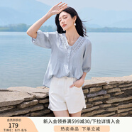 香影【王楚然明星同款】白色娃娃衫上衣女夏含亞麻小衫淡人薄v領(lǐng)襯衫 藍(lán)色 M 160/84A/95-110斤