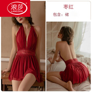 浪莎（LangSha）宮廷古風(fēng)睡衣女情內衣網(wǎng)紗加大碼掛脖漏背迷人兩件套睡裙 967酒紅裙 XL 【115-130斤】