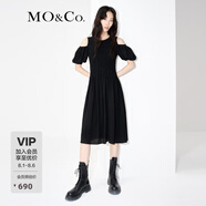 MO&Co.露肩露背系帶泡泡袖連衣裙法式氣質(zhì)小眾休閑裙子 黑色 M 165