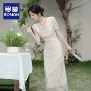 羅蒙（ROMON）2025今年流行漂亮絕美新中式國風(fēng)年輕款日?？纱└牧计炫圻B衣裙夏 淺杏色版裙長118起 M 96-110