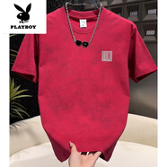 花花公子（PLAYBOY）2025男士短袖t恤新款扎染字母印花韓范痞帥休閑上衣半袖體恤新品 紅色 M 建議100-120斤