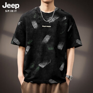 JEEP SPIRIT高端短袖T恤男士夏季美式潮牌設(shè)計(jì)感破洞涂鴉印花寬松休閑體恤男 黑色 M 適合100-120斤