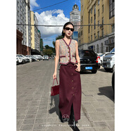 鷺青一原創(chuàng  )【詩(shī)冉】高腰半身裙女初秋正反兩穿豎條紋開(kāi)叉復古長(cháng)裙 紅色 S （現貨）