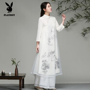 花花公子（PLAYBOY）茶禪服女秋冬白色禪修水墨改良唐裝旗袍漢服名族復古中國風(fēng)連衣裙 白色連衣裙+白色雪紡褲子 M 【建議100斤左右】
