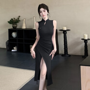 燦沛夜店戰(zhàn)袍女新中式國風(fēng)立領(lǐng)無袖開叉改良旗袍裙復(fù)古性感褶皺修 黑色 S