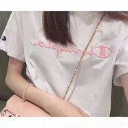 冠軍（CHAMPION）夏季純棉短袖刺繡新款T恤圓領(lǐng)寬松半袖男女同款大碼情侶時(shí)尚上衣 白色粉標 2XL