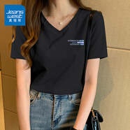 真維斯短袖女t恤2025新款夏季v領(lǐng)半袖體恤大碼女士純棉正肩上衣服女夏裝 黑色 漸層藍條_K XL