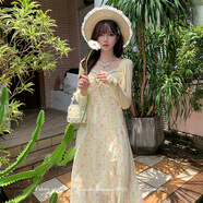 織物豬 盛夏葵野 植物系穿搭黃色碎花吊帶連衣裙女夏日度假長(cháng)裙子 開(kāi)衫+連衣裙 S 85-95斤