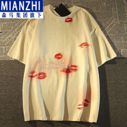 棉致2024新款美式街頭潮牌設計感小眾短袖T恤男女夏季寬松ins 杏色 嘴唇印花優(yōu)質(zhì)面料 S 60-85斤