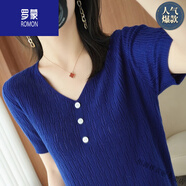 羅蒙（ROMON）桑蠶絲短袖t恤女夏薄款v領(lǐng)體恤真絲上衣小衫寬松純色冰 絲針織衫 高檔品牌寶石藍+女裝十大品牌 S (建議80-95斤)