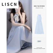 LISCN海邊藍(lán)色法式掛脖吊帶連衣裙子女夏季2025新款無(wú)袖沙灘長(zhǎng)裙純色休 藍(lán)色 XL