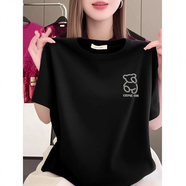 貝雅茜純棉正肩短袖t恤女2025夏季新款寬松上衣顯瘦大碼圓領(lǐng)印花打底衫 T-黑色【comeoh熊】?jī)?yōu)質(zhì)純棉 XL (建議120-140斤)