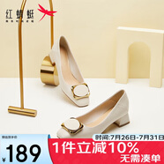紅蜻蜓閏月鞋女士粗跟小香風(fēng)皮鞋職業(yè)通勤媽媽鞋高跟鞋WFB31540米白色35