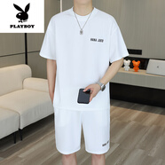 花花公子（PLAYBOY）夏季冰絲休閑運(yùn)動(dòng)套裝男2025新款寬松短袖短褲潮流帥氣高級(jí)感男裝 A4白色 L