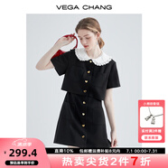VEGA CHANG假兩件黑色裙子女夏娃娃領(lǐng)法式收腰顯瘦氣質(zhì)連衣裙 黑色 L