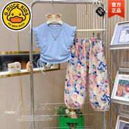 哈羅小黃鴨 HAL.DUCK女童夏季中大童套裝韓版洋氣木耳邊T恤油畫碎花褲子寬松兩件套 藍(lán)色套裝 110 cm (建議身高95-105cm)
