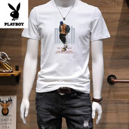 花花公子（PLAYBOY）夏季短袖t恤男士2025新款韓版印花上衣服時尚休閑純棉半袖體恤衫 TB075白-潮流人像 M 90斤-115斤