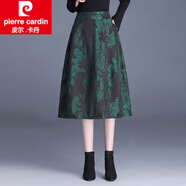 皮爾卡丹（pierre cardin）提花半裙媽媽款高腰a字燈籠裙半身裙春秋蓬蓬傘裙女中長款花苞裙 綠牡丹裙長72cm L 適合體重100-110斤