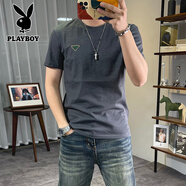 花花公子（PLAYBOY）冰絲棉麻短袖T恤男輕奢三角標體恤休閑潮上衣 灰色 M 90-115斤