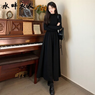 水畔衣人高檔品牌大碼女春秋法式黑色針織長款修身顯瘦赫本風(fēng)感氣質(zhì)連衣裙 黑色 【赫本風(fēng)端莊大氣修身長袖 2XL 【歐美洋氣減齡別致垂墜感黑