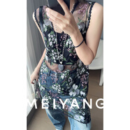 美洋（MEIYANG）滿(mǎn)繡背心 刺繡網(wǎng)紗蕾絲花邊V領(lǐng)無(wú)袖疊穿上衣 黑色 M