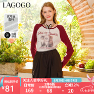 lagogo【抗菌】美式撞色插肩袖T恤女拉谷谷春季新款修身印花上衣 紅灰(HR) S