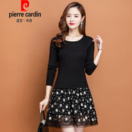 皮爾卡丹（pierre cardin）秋冬新款女裝修身毛衣裙假兩件針織拼接蓬蓬裙加絨加厚蕾絲連衣裙 黑裙【不加絨】 3XL 【135-150斤】