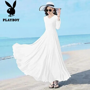 花花公子;PLAYBOY2025春夏大擺長裙收腰先顯瘦大碼雪紡連衣裙過膝度假沙灘跳舞裙子 白色 M 建議90-