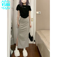 若盼高個(gè)子歐美ins辣妹開叉工裝裙女灰色包臀裙子秋季長裙顯瘦半身裙 灰咖色 M 建議95-110斤