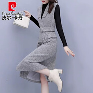 皮爾卡丹（pierre cardin）秋冬毛呢背帶連衣裙女2025新款洋氣媽媽中長款加厚時尚兩件套冬裙 灰色背帶裙配黑色毛衣 M