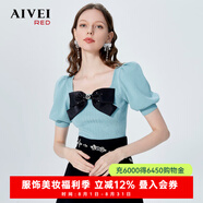 AIVEI欣賀艾薇2022春夏新少女感蝴蝶結(jié)方領(lǐng)鏤空針織衫P0160066 薄荷綠-預(yù)售7天 S -預(yù)售7天