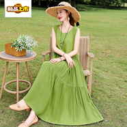 初徑法式感連衣裙女夏季新款寬松大碼超長(cháng)款棉綢碎花背心裙子 果綠色 XL 95到118斤