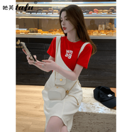 她芙（tafu）時尚套裝女2025年夏季新款小個子休閑氣質(zhì)減齡顯瘦短袖背帶裙套裝 紅色短袖+白色背帶裙 L