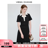 VEGA CHANG高級感連衣裙女夏季小個子撞色POLO領英倫風收腰顯瘦通勤小黑裙子 赫本黑（長款） M