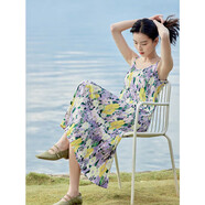 茵曼女裝吊帶碎花印花連衣裙春夏季海邊度假風(fēng)長裙子 香芋紫 XL
