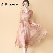 Z.R.Zoro奢侈品真絲連衣裙女2025夏季新款名媛法式碎花裙度假風(fēng)桑蠶絲裙女 粉色 M
