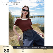 三彩大碼女裝2025秋款基礎款U領(lǐng)棉T恤短袖休閑撞色胖MM 酒紅 S 155/84B