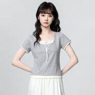 孜茜灰色方領(lǐng)短袖T恤女夏2025夏季新款假兩件蕾絲拼接正肩體恤短上衣 灰色 M 160/84A