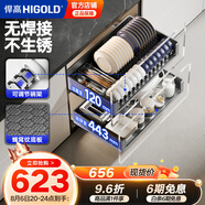 悍高（HIGOLD） 廚房櫥柜拉籃碗架抽屜式碗籃加厚304不銹鋼底板調(diào)味籃雙層碗碟籃 500柜體2層-L3.0系列蜂窩紋套裝