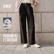 森馬（Semir）休閑褲女純棉打褶闊腿褲腰帶秋復(fù)古磨毛長(zhǎng)褲顯腿長(zhǎng)101524127005A