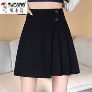 啄木鳥(niǎo)（TUCANO）百褶裙半身裙女春夏2025新款韓版高腰顯瘦a字裙胖大尺碼不規則短 黑色 (自帶安全褲) M 27 【建議98-107斤】