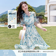 香影小清新v領(lǐng)碎花連衣裙女2025夏季新款木耳邊藍(lán)色泡泡袖雪紡裙 藍(lán)色 S