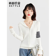 韓都衣舍（HSTYLE）連帽運(yùn)動(dòng)衫女款秋季韓版薄款針織開(kāi)衫修身打底條紋chic上衣 白色 均碼 【建議體重100-120斤】