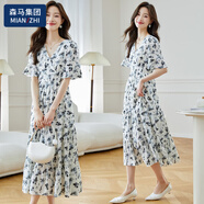 棉致連衣裙女夏季2025新款氣質(zhì)中長(cháng)款短袖V領(lǐng)雪紡碎花荷葉袖大擺長(cháng)裙 圖片色 S